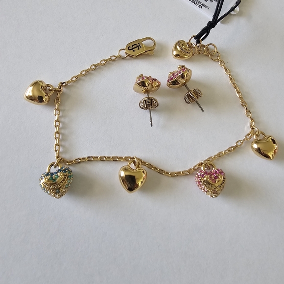 NWT Juicy Couture Gradient Pave Heart Charm Bracelet/Earring Set - Picture 2 of 6